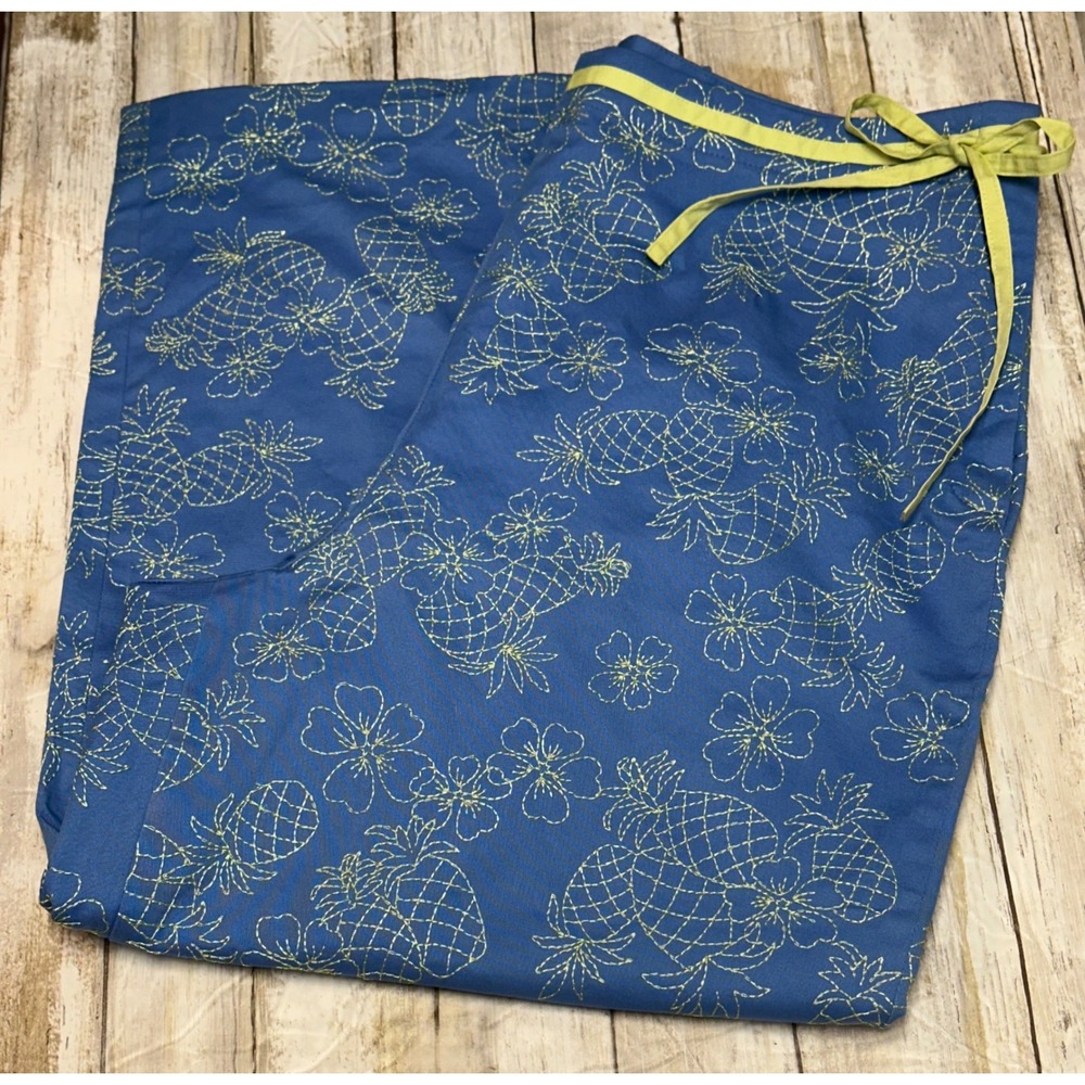 Talbots Womens Blue Pineapple Floral Embroidered Crop Pants‎ Size 14 stretch
